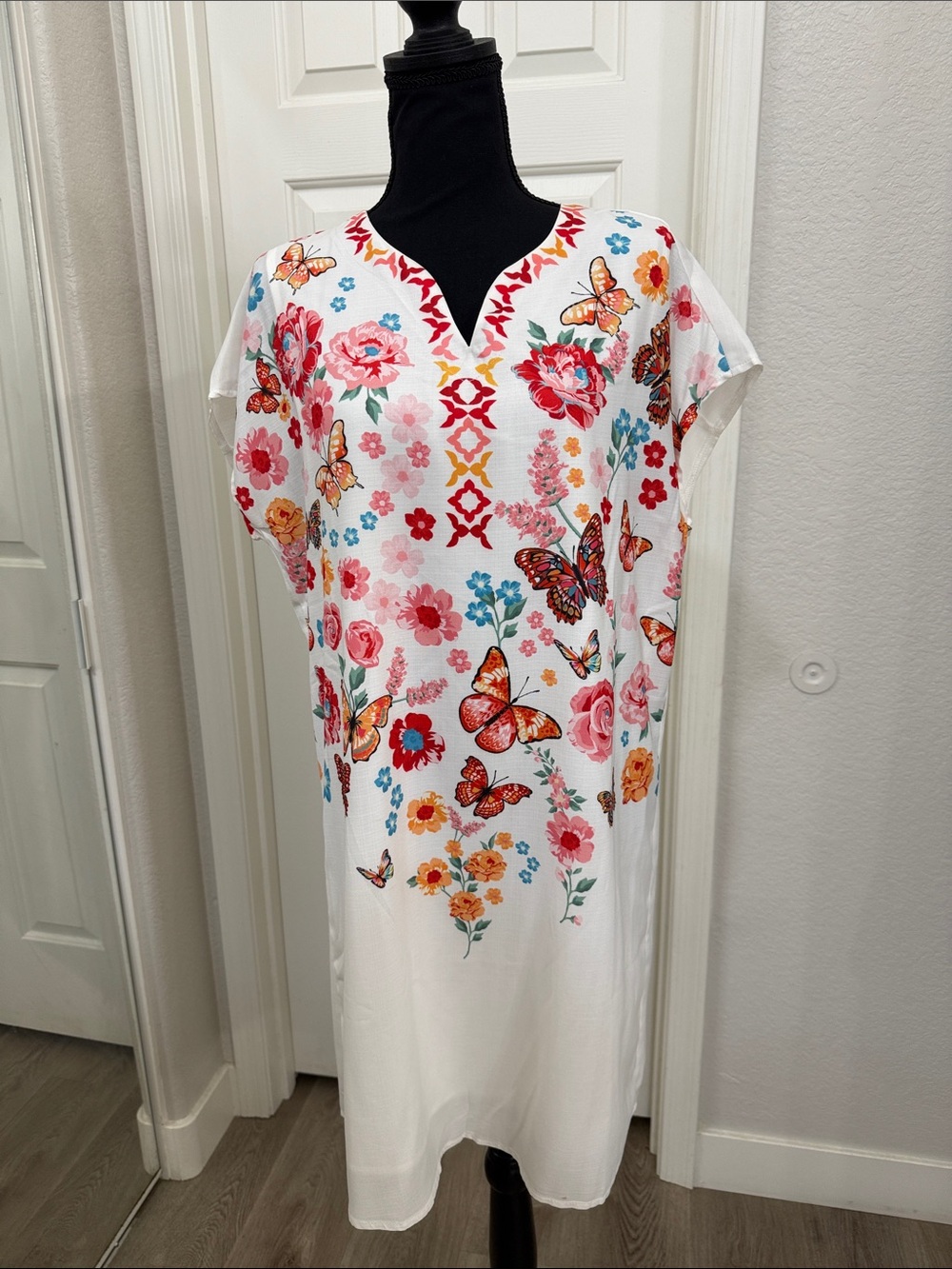 White Floral Butterfly V-Neck Women's Dress